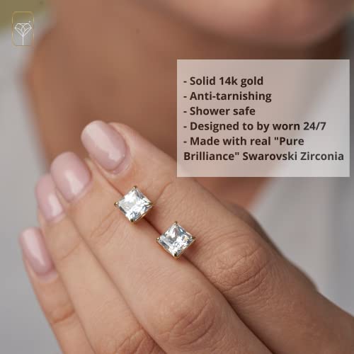 14K Yellow Gold Princess Cut Swarovski Cz Stud Earrings For Women & Men | Cubic Zirconia Earrings Studs With Gold Earring Backs | Square Earrings For Men | 3.5 Carats Total | By Max + Stone #TOP3