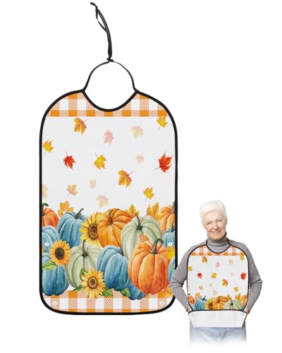 Adult Bibs for Elderly Women - Blue Orange Teal Pumpkins Fall Waterproof Dining Clothing Protectors with Crumb Catcher for Eating/Feeding, Orange Plaid Maple Leaf Thanksgiving Terry Cloth Bib Washable