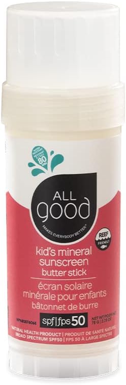 All Good Baby & Kids Mineral Sunscreen Butter Stick for Face, Nose, Ears - UVA/UVB Broad Spectrum SPF 50, Coral Reef Friendly, Water Resistant, Zinc Oxide, Coconut Oil, Beeswax, Vitamin E (2.75 oz)