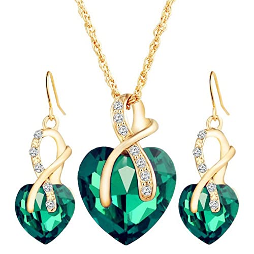 FUNOJOY Green Jewelry Sets for Women Valentine's Day Gifts Heart Shaped Crystal Necklace Earrings Set for Women/Wife/Mom/Wife/Daughter/Girlfriend