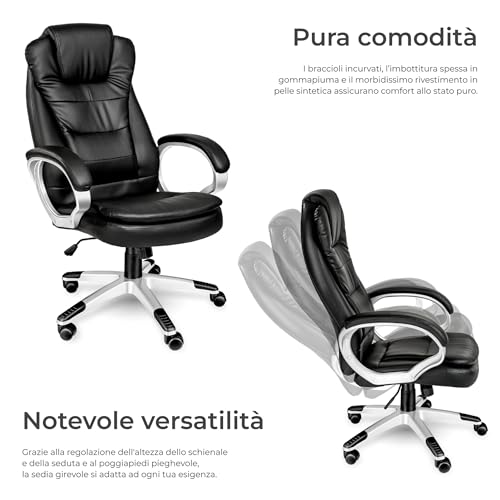 ® Poltrona da Ufficio Ergonomica, Sedia Ufficio con Imbottitura Extra Spessa, Poltrona con Poggia-testa Rinforzato, Regolazione Altezza con Molla a Gas, Inclinazione Personalizzabile - Nero - Sedia gaming - Immagine 3