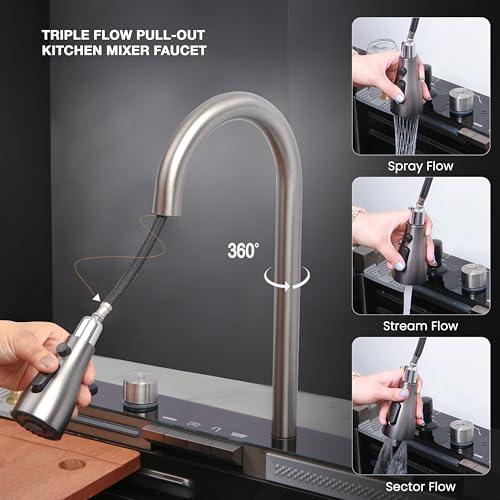 Image of Ruhe Piano Black Smart Waterfall Kitchen Sink | 30x18x9 inches | Digital Display, Pull-Out Faucet & RO Tap | 304-Grade Stainless Steel Single Bowl Sink | Automatic Cup Washer | Multi-Functional Sink