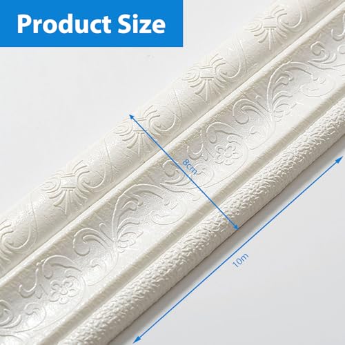 RANJIMA Bordüre Selbstklebend Weiß, 10M Wasserdicht Bordüre 3D Zierleisten Selbstklebend Wasserdicht Bordüre 3D Spitzenmuster Tapetenbordüre für Flur Decke Ecke Linie Wandkante Heimdekoration