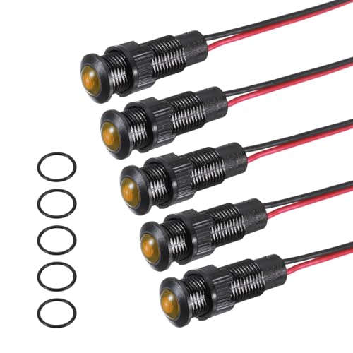Image of PATIKIL 5Pcs 8mm(5/16") Indicator Light,12V-24V AC/DC LED Plastic Shell Signal Lamp Waterproof IP67 Round Head Signal Lights with 150mm(5.9") Cable for Boat Car,Yellow