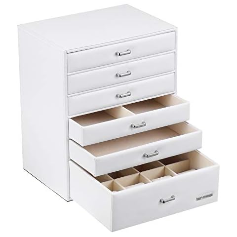 Seelux Jewellery Box Organiser with 6 Drawers Jewelry Case for Rings, Bracelets, Earrings, Necklaces Christmas Birthday Gift for Women Girl, White, Reusable Cover
