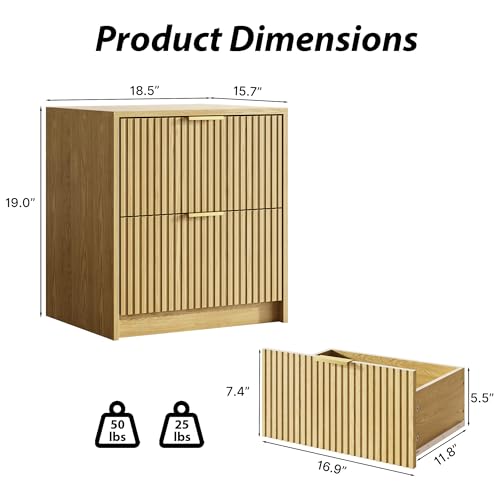 Image of Fluted Nightstands Set of 2 with 2 Drawers, 19.6 inch Modern Storage Bedside Table with Golden Metal Handles, Nature