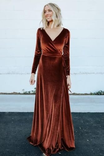 Women's Velvet Bridesmaid Dresses Long Sleeve V Neck Wrap Formal Evening Gowns with Slit3