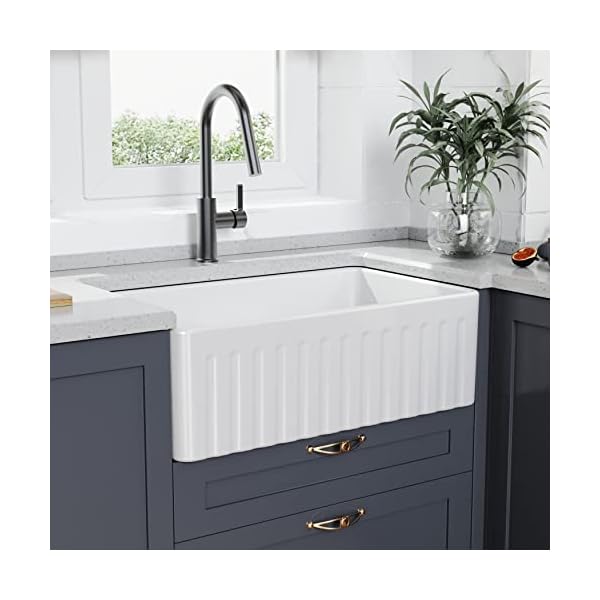 ELLAI Farmhouse Sink 30 Inch Fireclay Undermount Apron Front Elegant Farm Sink Single Bowl Kitchen Sink with Protective Bottom Grid and Strainer Gloss White