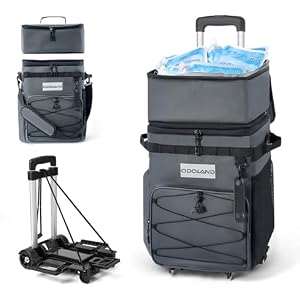 Odoland Cooler Box on Wheels, Leakproof Insulated Soft Rolling Cooler Bag with Stable All Terrain Cart and Handle Collapsible for Camping Beach Fishing Picnic with 6 Ice Cold Pack