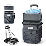 Odoland 72Can Cooler Bag with Wheels and Handle, Leakproof Insulated Collapsible Rolling Soft Leather Camping Cooler Bag with Stable All-Terrain Cart for Beach Travel Picnic Camping, Grey