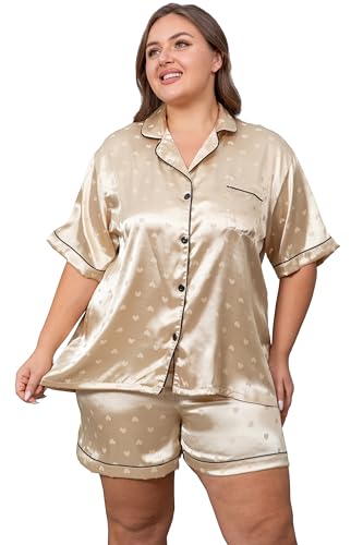 Image of Vozanet Women's Short Sleeve Satin Pajama Sets Silky Ladies Button Down Loungewear Plus Size Nighty Shorts Sets XL to 5XL