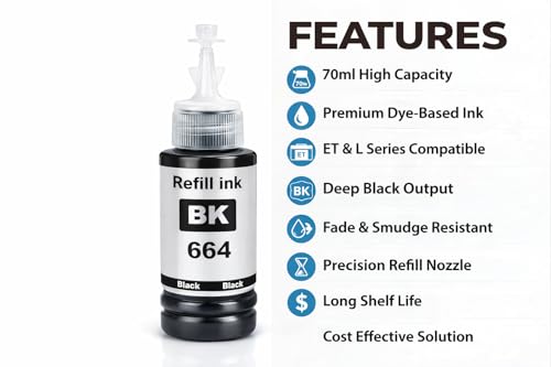 Image of ROHINK T664 Black Compatible Refill Ink for Epson L130, L360, L380, L361, L565, L210, L220, L310, L350, L355, L365, L385, L550, L555, L605, L1300 Printer - 70ml x 2 Bottles