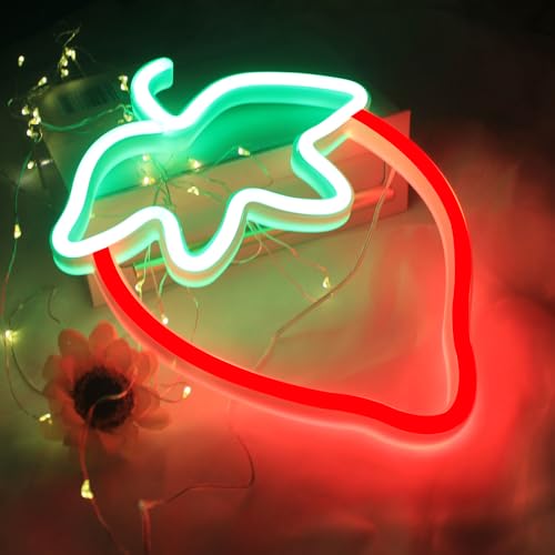 Image of Strawberry Neon Sign Red Green Strawberry Neon Lights for Cute Fruits USB Battery LED Sign for Room Restaurant Bar Fruit Shop Green Grocery Wall Decor