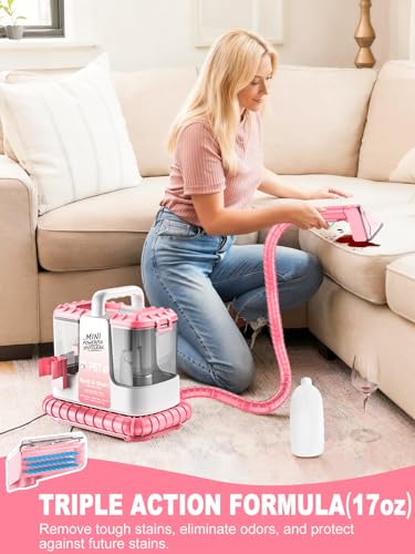 Image of Portable Carpet & Upholstery Cleaner Machine for Pet Stains, Powerful Suction Spot Cleaner for Couch, Sofa, Car Interior & Rugs, Lightweight Compact Deep Cleaning Machine with Solution, Pink