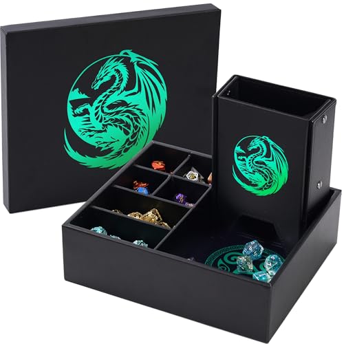 Soar Forge Dice Tray and Dice Tower for DND and RPG - All-in-One Game Roamer Tray & Large Tower for Random Rolls - Stores Your Sets, Mini's and More Compatible with D&D Gift Accessories (Green Dragon)