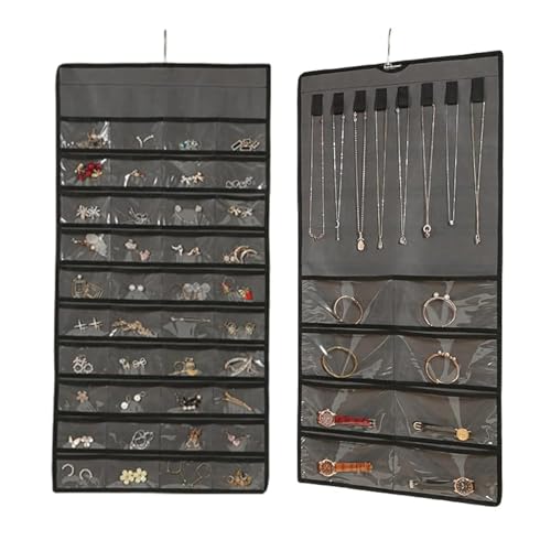 AITUOSI Jewelry Organizer Hanging with Metal Hooks Double-Sided Jewelry Holder for Earrings, Necklaces, Rings on Closet, Wall, Door (Grey)