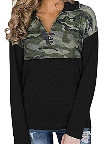 Malaven Womens Sweatshirts Ladies Camo Patchwork Print 1/4 Quarter Zip Collar Long Sleeve Fleece Pullover Sweatshirts Fall Tunic Shirts Tops with Kangaroo Pocket US 16 18