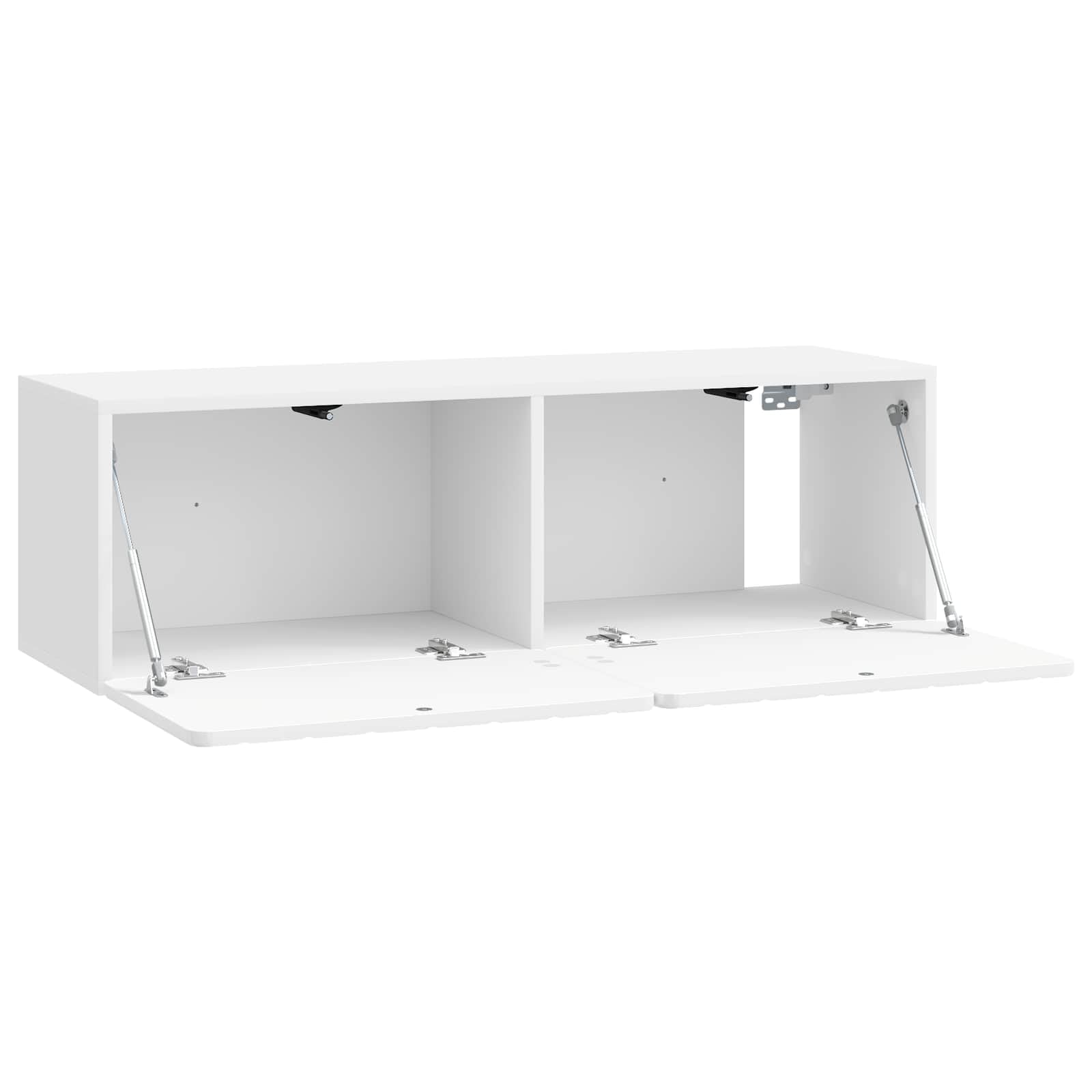 Mueble de TV montado en la pared, color blanco brillante, 98 x 31 x 30 cm, moderno mueble de TV colgante de madera con 2 puertas abatibles, ahorra espacio para el salón