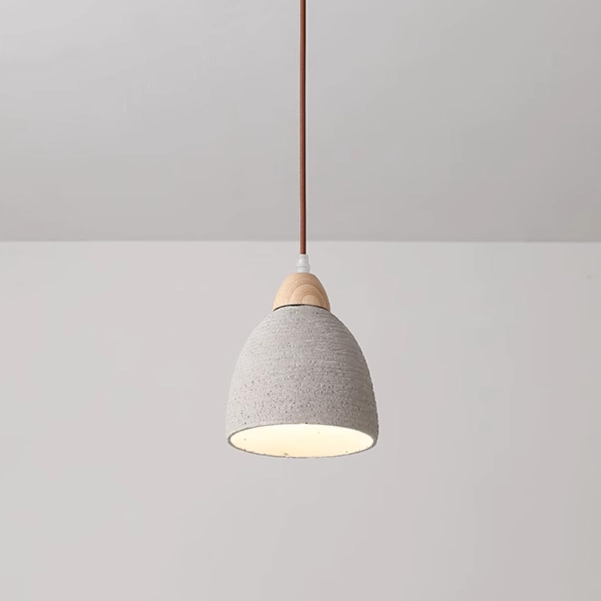 Grey Concrete Pendant Light Wabi-Sabi Light Fixture Cement Dome Pendant Lights Kitchen Island Modern Scandinavian Pendant Light with Natural Wood Hanging Light Kit