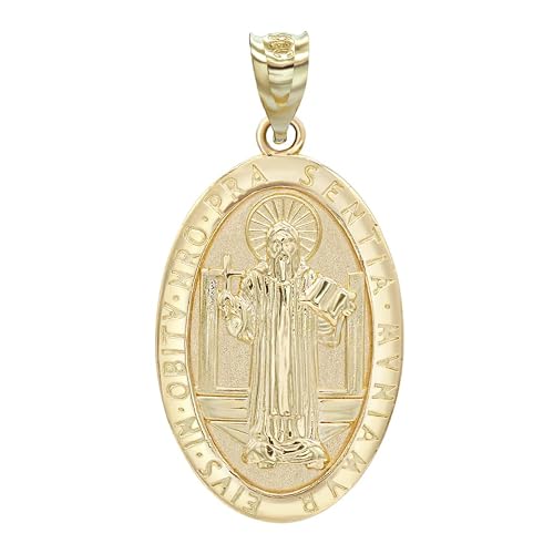 10K Yellow Gold Medalla De San Benito Saint St Benedict Oval Medal Pendant Necklace with Rolo Chain and Pendant only