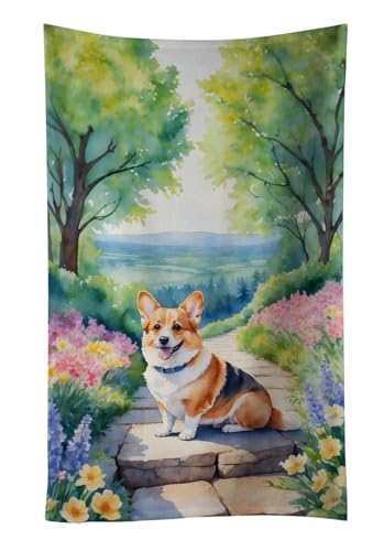 Caroline's Treasures Corgi Spring Path Kitchen Towel Dish Cloths Guest Hand Towel Decorative Bathroom Towel for Face,Tea, Dishcloth, Kitchen and Bath