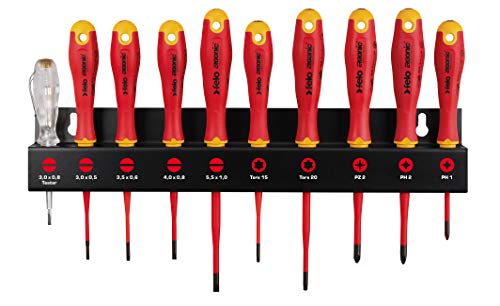 Felo Screwdriver Set XL E-Slim VDE with Tool Holder 10-Piece SL, PH, PZ, Tx, Multi-coloured