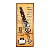 Realizzato con intricate incisioni vintage e struttura in metallo, questo set di penne a immersione con piume anticato combina eleganza artistica con funzionalità, completo di punte intercambiabili e vetro per la scrittura a mano.