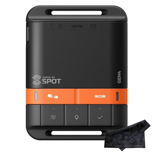 SPOT Gen 4 Satellite GPS Messenger | Handheld Portable Tracker for Hiking, Camping, Backpacking, Outdoor Activities | Signature Series Lens Cloth Bundle | Subscription Applicable