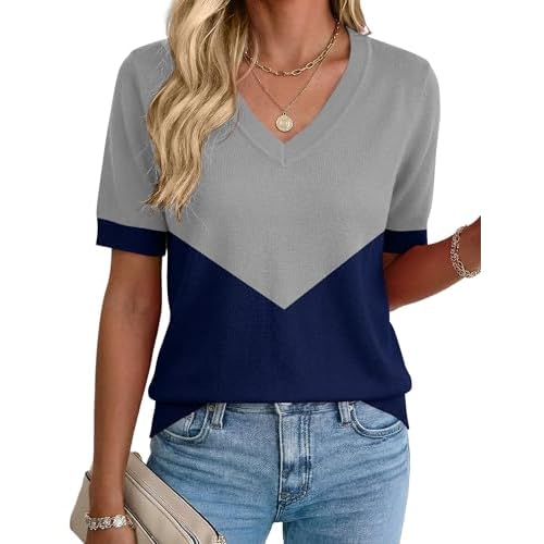 Rapbin Womens Short Sleeve Sweater Summer V Neck Tops Casual Knit Shirts Lightweight Pullover Top Grey & Navy X-Large