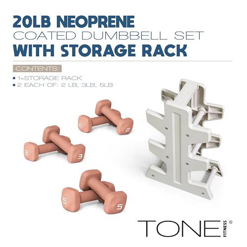 Image of Tone Fitness Neoprene Dumbbell Set with Storage Rack - Non-Slip, Anti-Roll Hand Weights for Home Gym Workouts | 20 lb, 32 lb, 50 lb, 60 lb & 100 lb Options