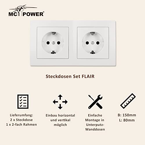 MC POWER - Wand-Steckdose mit Rahmen | FLAIR | Set Beginner 2S 3-teilig |Doppelsteckdose Schutzkontakt-Steckdose weiß, matt