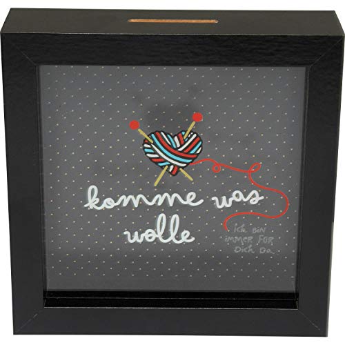 H:)PPY life 46742 Sparbilderrahmen mit Spruch Komme was Wolle, Spardose schwarz 15 cm x 15 cm Cover