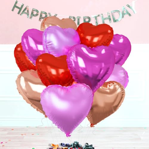 Image of Rose Gold & Red Heart Balloons，18 Inch Purple Foil Love Heart Shaped Balloons for Bridal Wedding Engagement Party Anniversary Birthday Baby Shower Valentines Decorations 12Pcs
