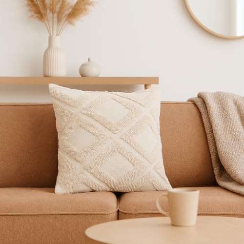 Image of Premium Cotton Cushion Cover, 20 Inch x 20 Inch, Circular Knit Neutral Textured, Square Accent, Cushion Cover Set of 4 for Living Room, Sofa (Diamond-10)