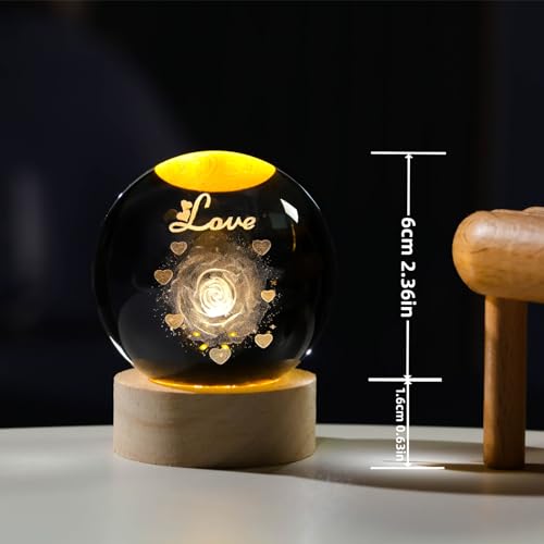 Image of Arikyrist 3D Rose Crystal Ball Gift for Girlfriend, Laser Engraved Rose Flower Glass Sphere Home Decor, Crystal Ball Night Light with Wooden Light Base