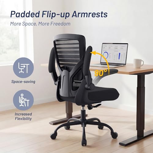 Image of Office Desk Chair for Long Hours & Lower Back Pain Relief - 4 inch Thick Molded Foam Cushion, Enhanced Lumbar Support, Padded Flip-up Armrests, Ideal for Office or Study, Black