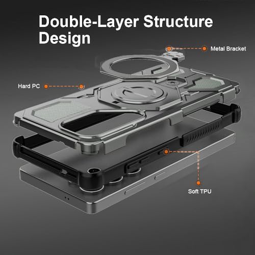Image of KARWAN Tough Shockproof Armor Back Case Cover Compatible with Samsung Galaxy S25 Ultra with 360 Degree Rotation Magnetic Attraction Ring Holder Heavy Duty Cover with MagEaze Wireless Charging (Grey)