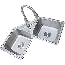 Stainless Steel Double Bowl Sink, Built-in Kitchen Sink, with Pull-Down Faucet, Drain Assembly