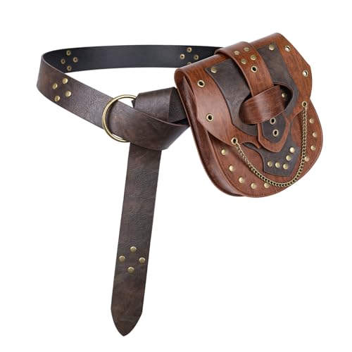 Image of HiiFeuer Steampunk Studded Waist Pack Bag with Belt, Vintage Punk Belt Pouch Portable Fanny Purses for Ren Faire Cosplay (Brown A)