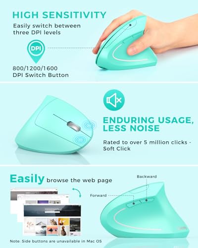 Lekvey Ergonomic Mouse, Vertical Wireless Mouse Rechargeable 2.4 GHz Optical Carpal Tunnel Mouse : 800/1200 / 1600 DPI, 6 Buttons, for Laptop, PC, Computer, Desktop, Notebook etc, Green