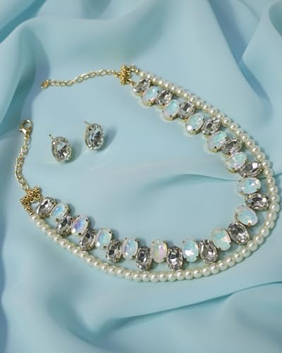 Image of Mansiyaorange Statement AD CZ American Diamond Cubic Zerconia Pearl Necklace Set | Gold Plated Chunky Fashion Jewelry for Women & Girls