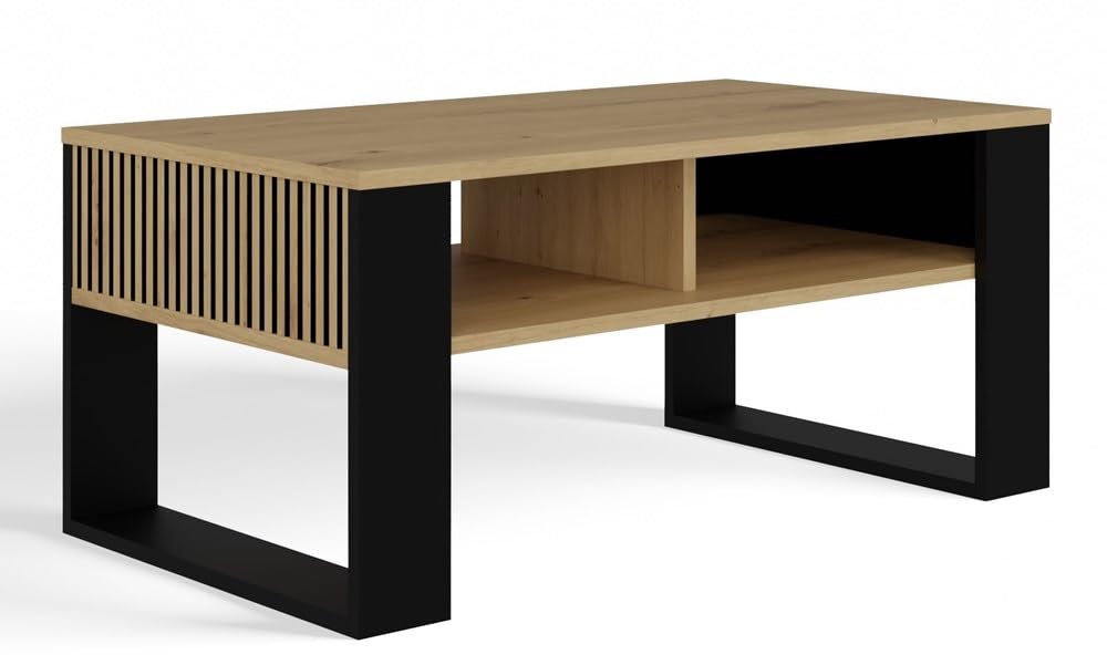 CDF Moderner Couchtisch mit Lamellen-Optik Wohnzimmertisch mit 2 Ablagen, Loft Beistelltisch Kaffeetisch Geriffelt & Kratzfest, 90 x 58 x 50 cm - Eiche Artisan/Schwarz
