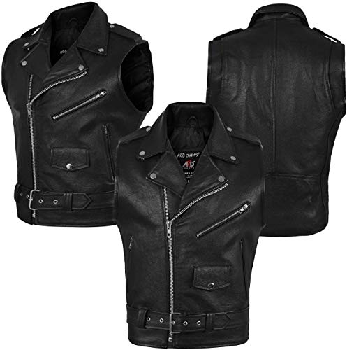 4Fit Men's Black Cowhide Genuine Leather Stylish vest for biker adjustable belt (LARGE)