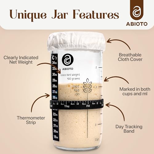 Sourdough Starter Kit, Includes 24 oz Sourdough Starter Jar with Metallic Lid, Silicone Spatula, Feeding Tracker, Extra Thermometer Strips & Breathable Covers - Sourdough Bread Starter Kit