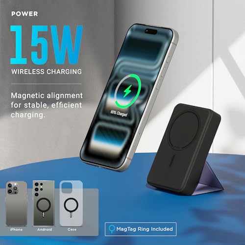Image of URBN 10000 mAh Stand Magsafe Power Bank with Foldable Stand | 15W Fast Wireless Charging |Strong Magnetic Hold | Type C Input /Output | Pass Through Charging | MagTag Ring Included | (Black)