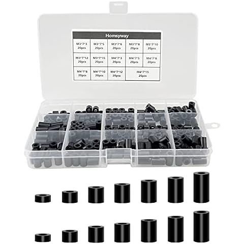 280pcs ABS Round Spacer Washer Assortment Kit Insulation Spacer, for M3 M4 Screws Nylon Non Threaded Column Standoff Support Spacer, with Storage Box(Black) Cover