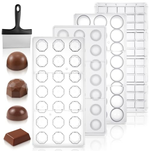 HANLANXUE 4 Pcs Polycarbonate Chocolate Mold Candy Making Molds with Chocolate Scraper 4 Shaped Tray for Mousse Jelly Pralines Truffles Sweets Bonbons Cookies