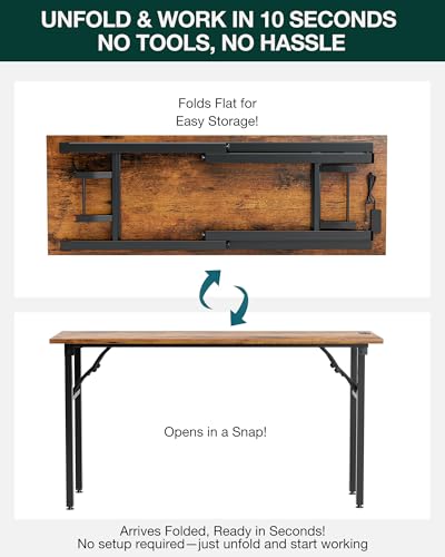Image of Frylr Small Folding Computer Desk - 55.1 Inch Portable Table for Craft and Study, Lightweight Desk for Small Spaces, Foldable Laptop Table Built-in AC /USB Outlets for Convenience, Rustic Brown