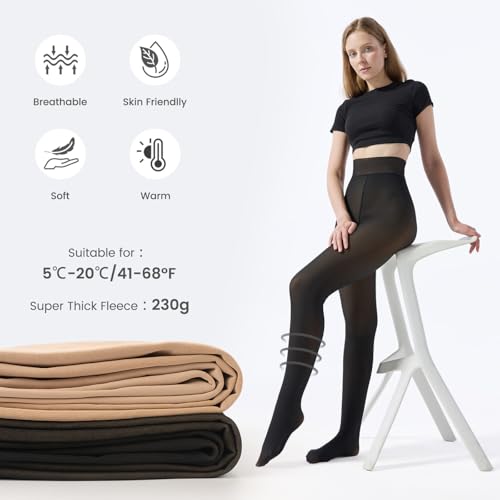 Black Fleece Lined Tights for Women - Plus Size Semi Sheer Leggings Womens - Skin Opaque Winter Warm Thick Stocking Pantyhose4