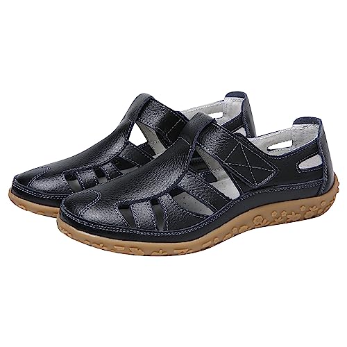 Image of Closed Toe Leather Sandals Women UK Clearance, Ladies Outdoor Walking Sandals Casual Hollow Out Summer Shoes Fashion Holiday Beach Easy Fasten Flat Sandals Footwear Size 3-7